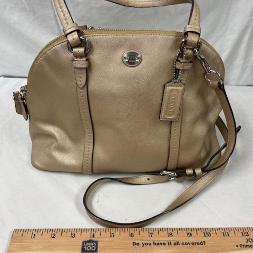 Coach Peyton Saffiano Leather Cora Domed Satchel Purse Cross body Gold